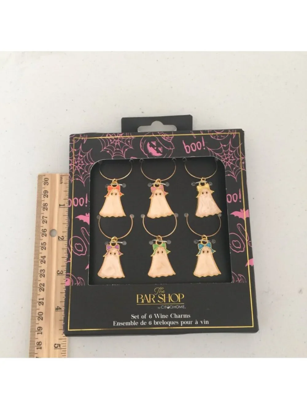 The Bar Shop Girly Ghost with Bows Set of 6 Wine Charms Goldtone